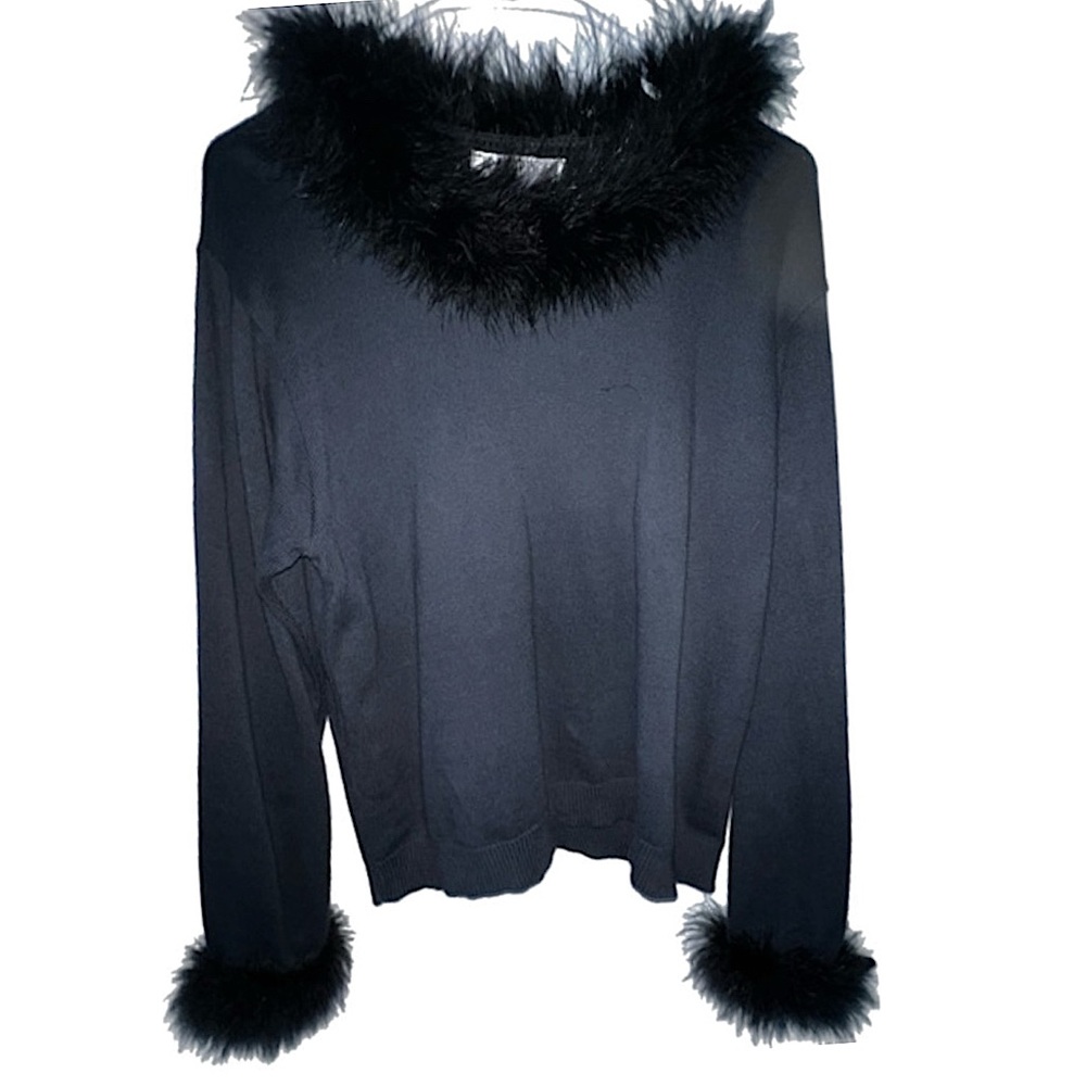 JP Berringer Black Cotton knit Neck Feathers Puffy Women Sweater 90s size Large